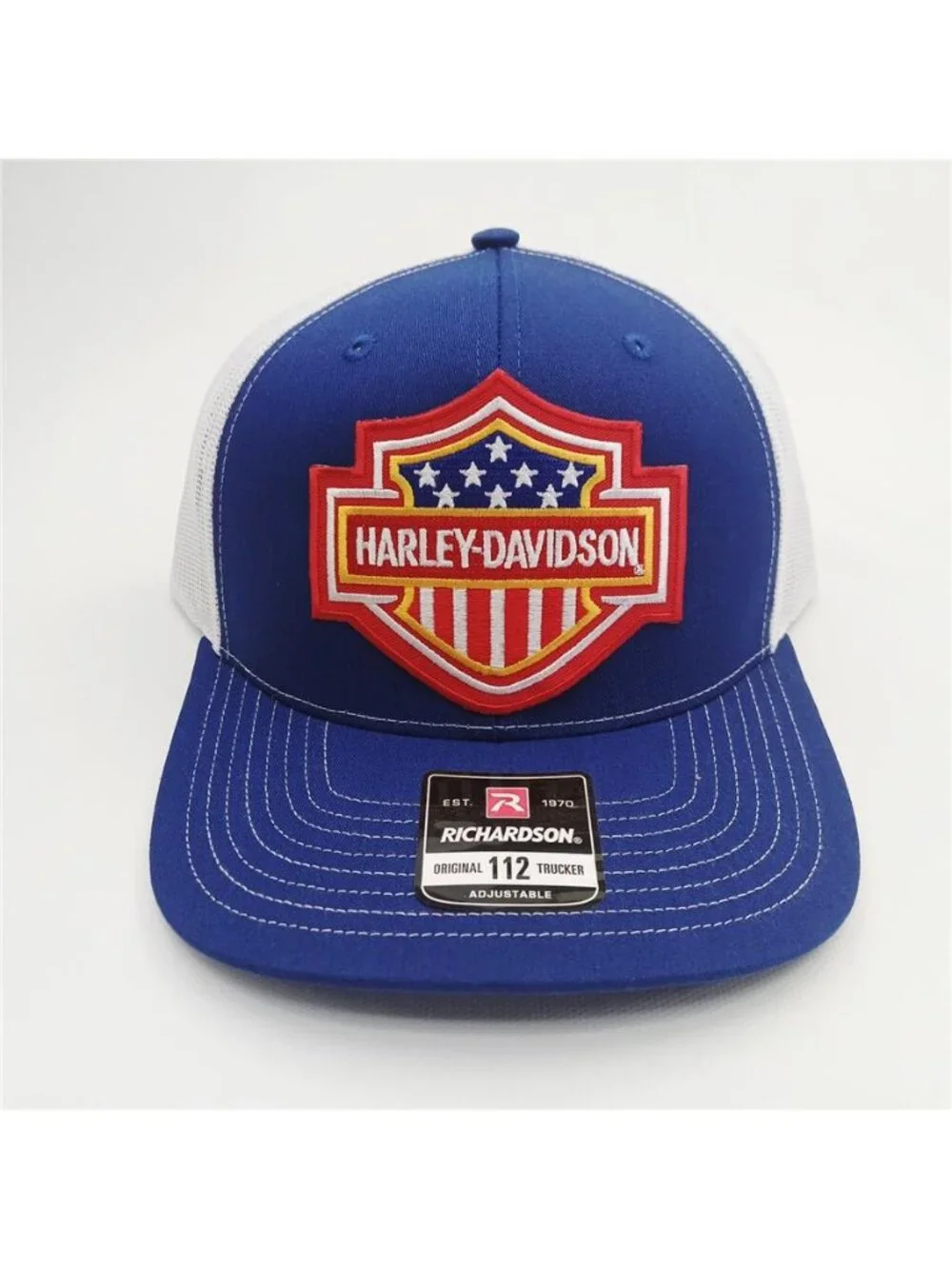 Retro Harley Davidson Patriotic Patch Trucker Hat Royal Blue Richardson 112 Bike